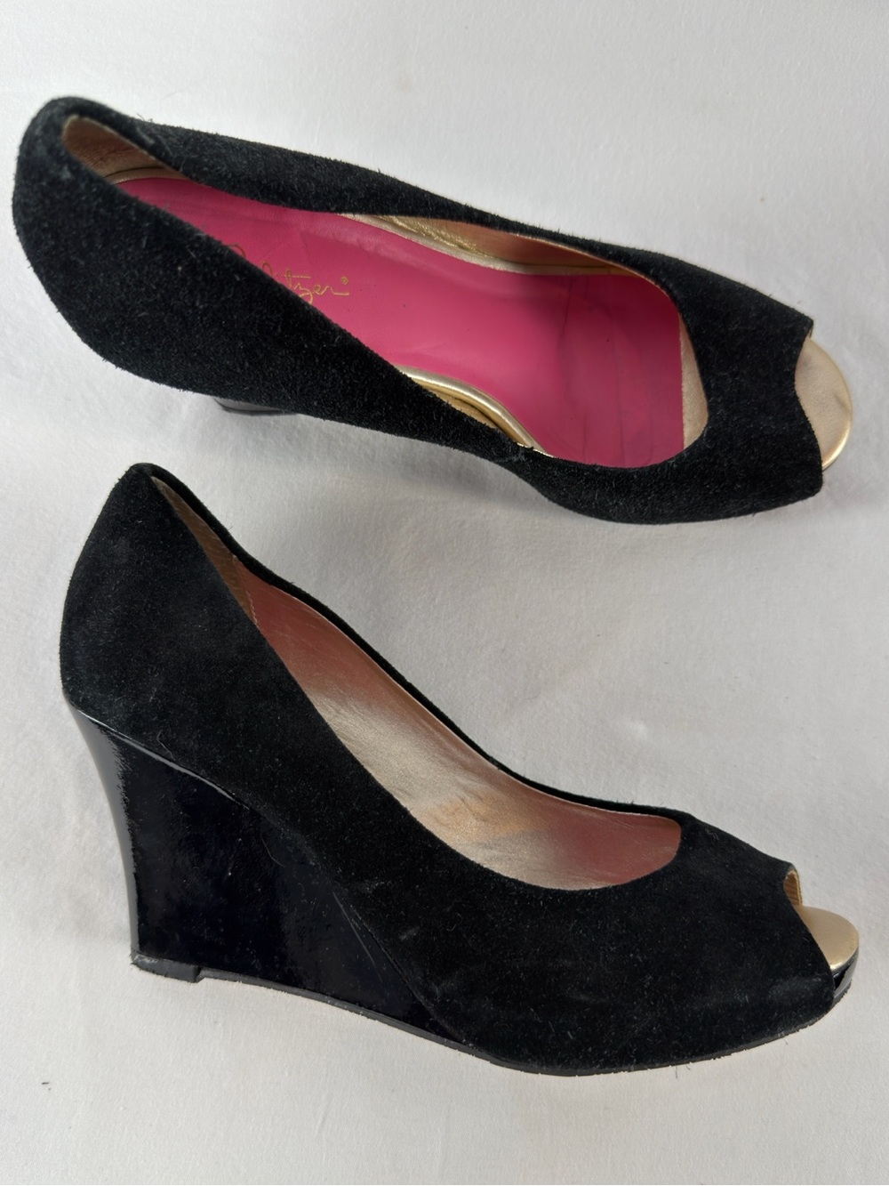 Lilly Pulitzer Suede Peep Toe Wedge Slip On Heels in‎ Black Size 7